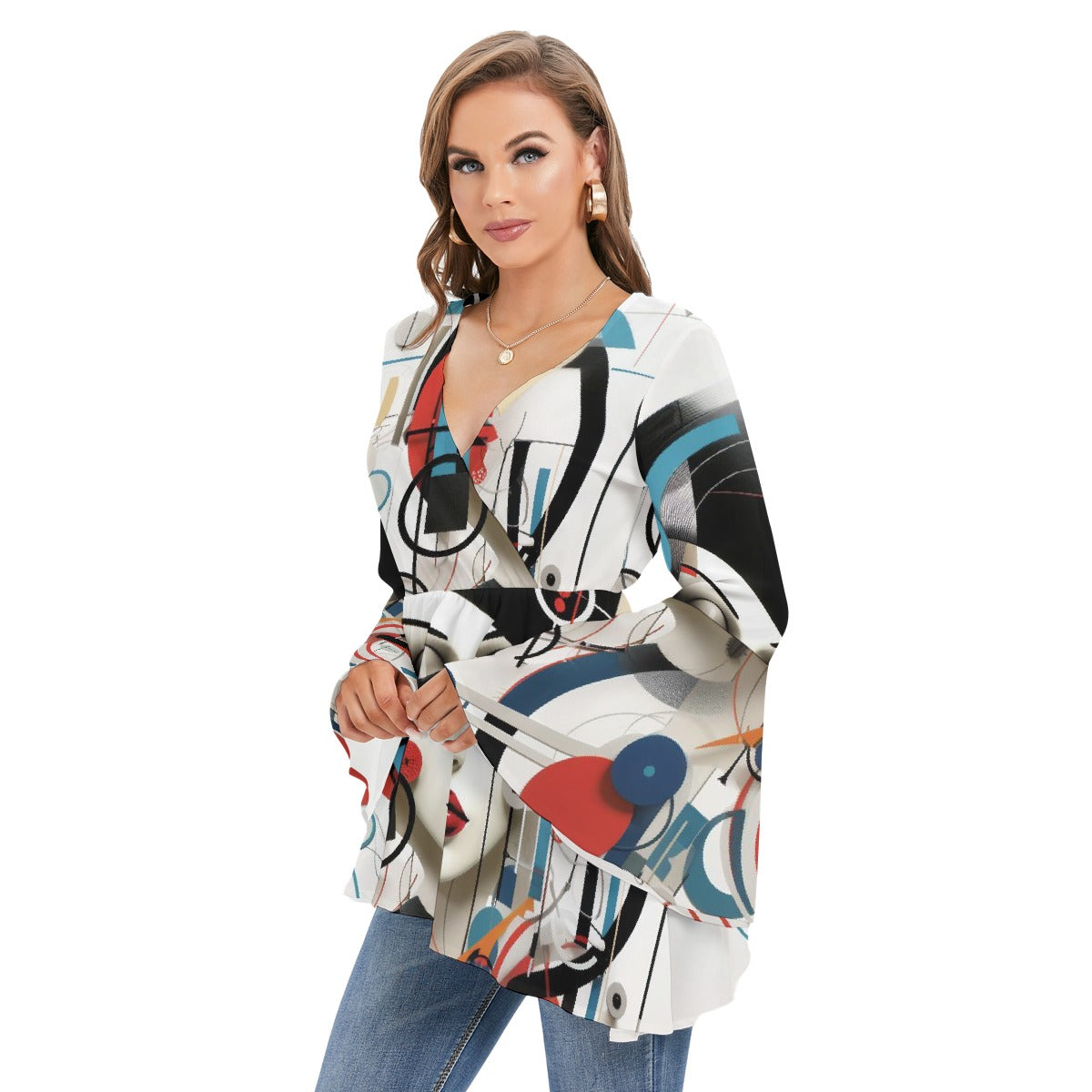 All-Over Print Women's V-neck Blouse With Flared Sleeves