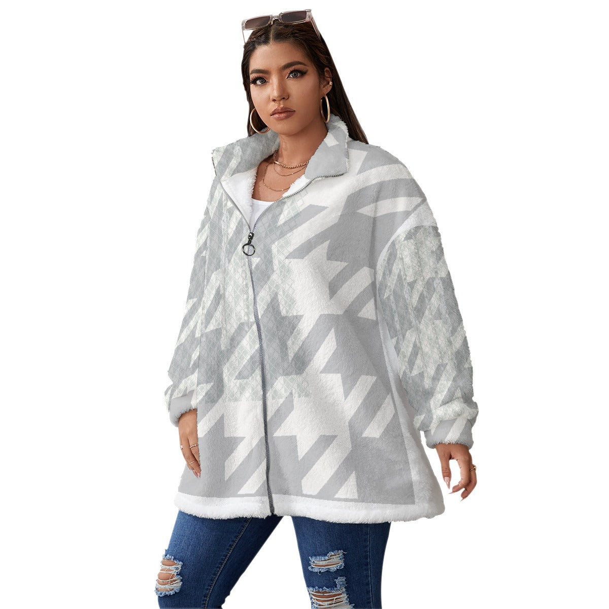 All-Over Print Unisex Borg Fleece Stand-up Collar Coat With Zipper Closure(Plus Size)