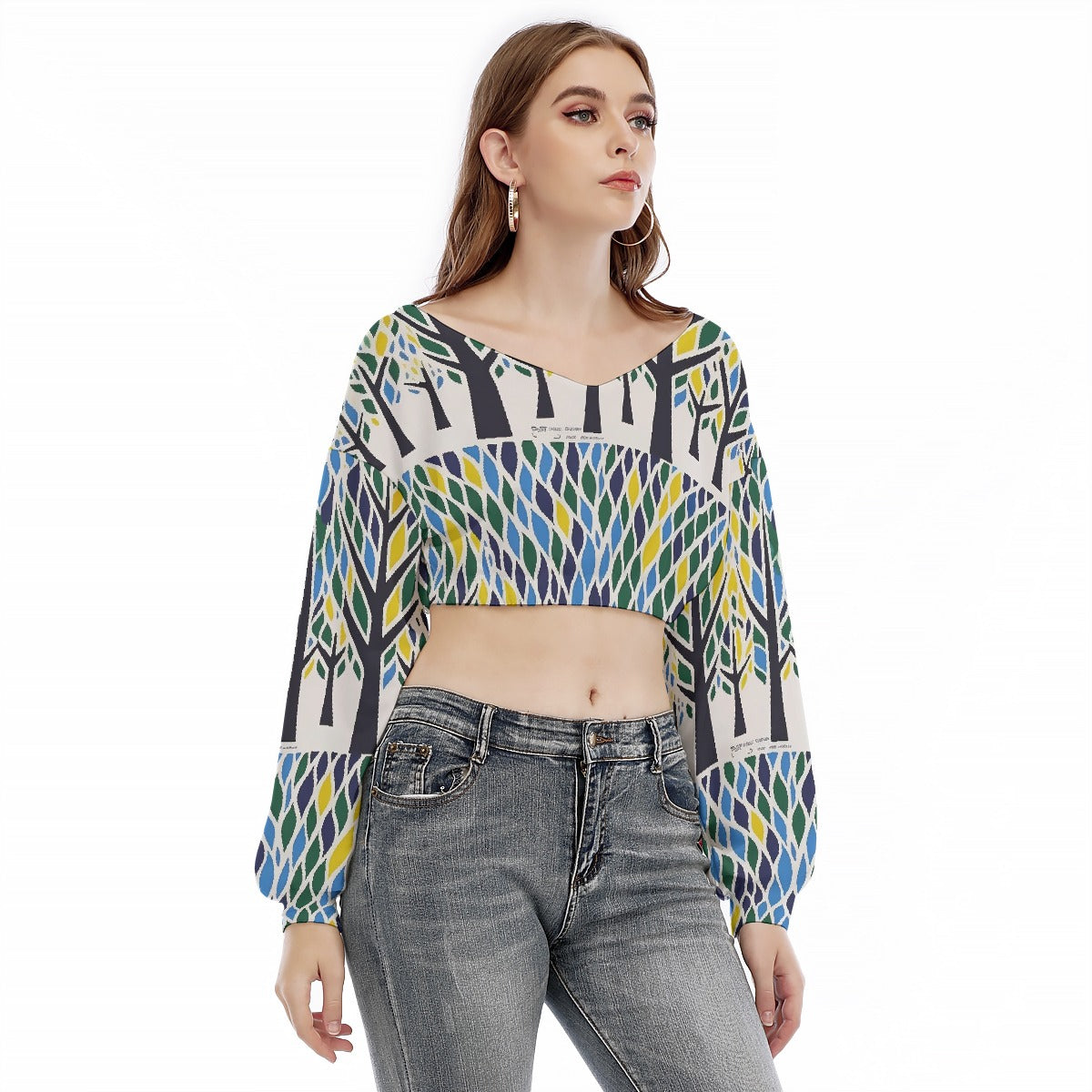 All-Over Print Women's V-neck Long Sleeve Cropped Sweatshirt