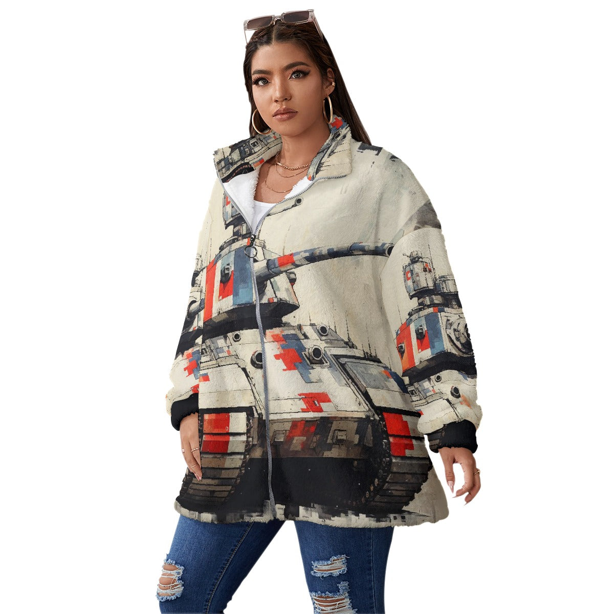 All-Over Print Unisex Borg Fleece Stand-up Collar Coat With Zipper Closure(Plus Size)