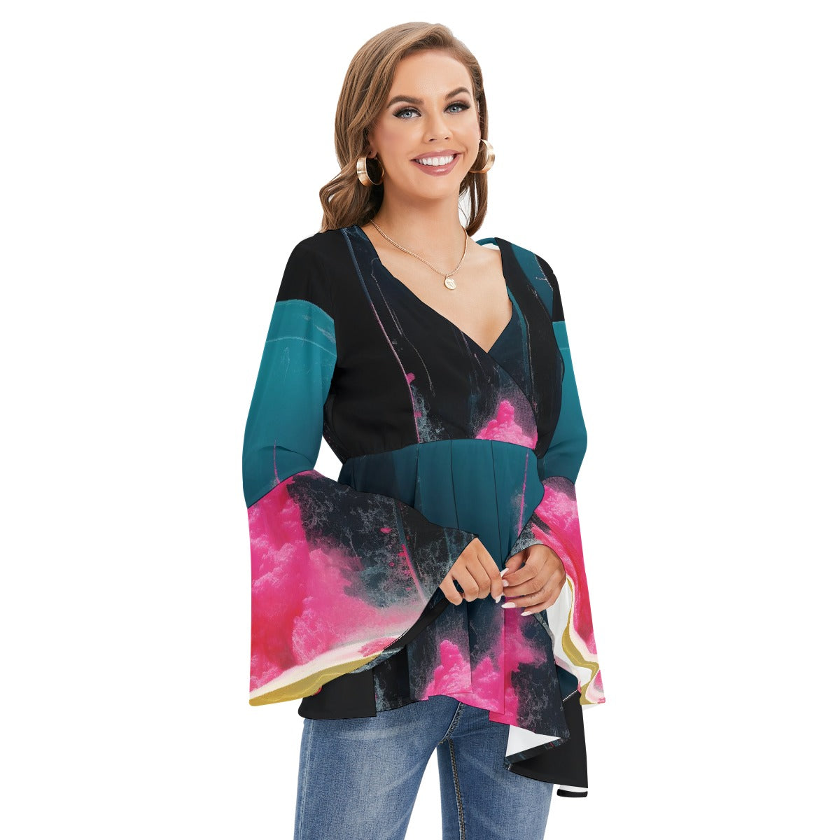 All-Over Print Women's V-neck Blouse With Flared Sleeves