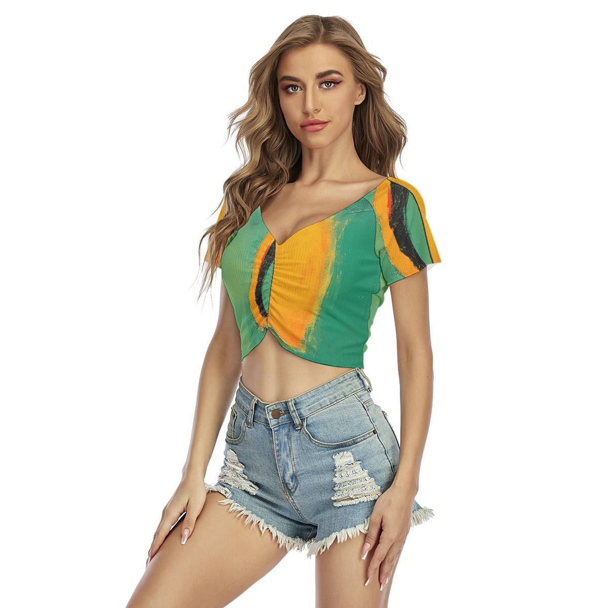 All-Over Print Women's Raglan Drawstring Front  Crop Tee
