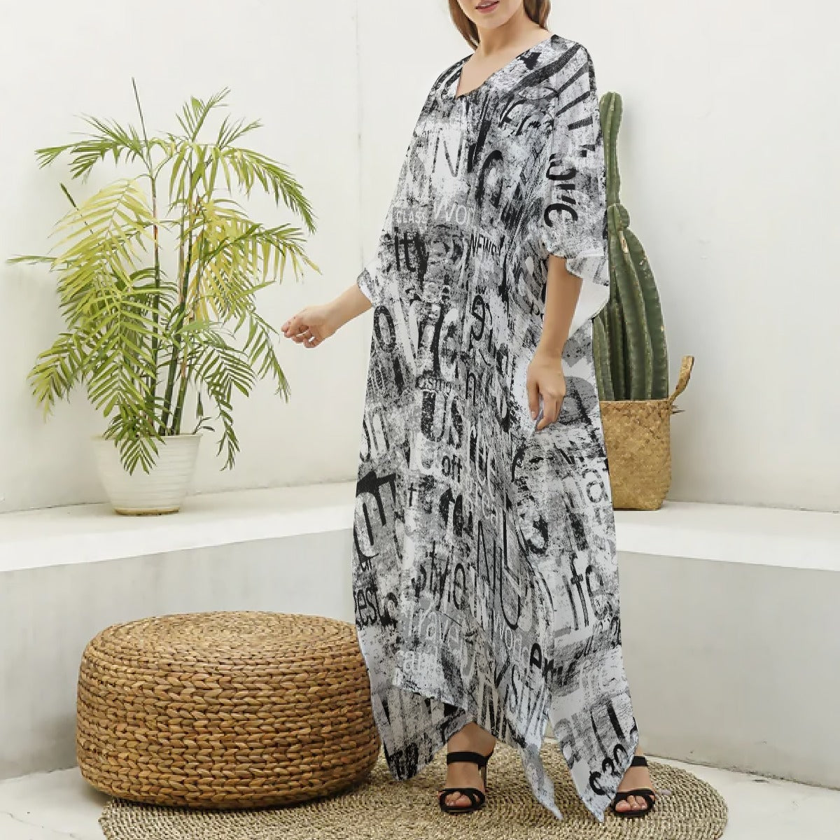 All-Over Print Women's Imitation Silk V-neck Kaftan Robe