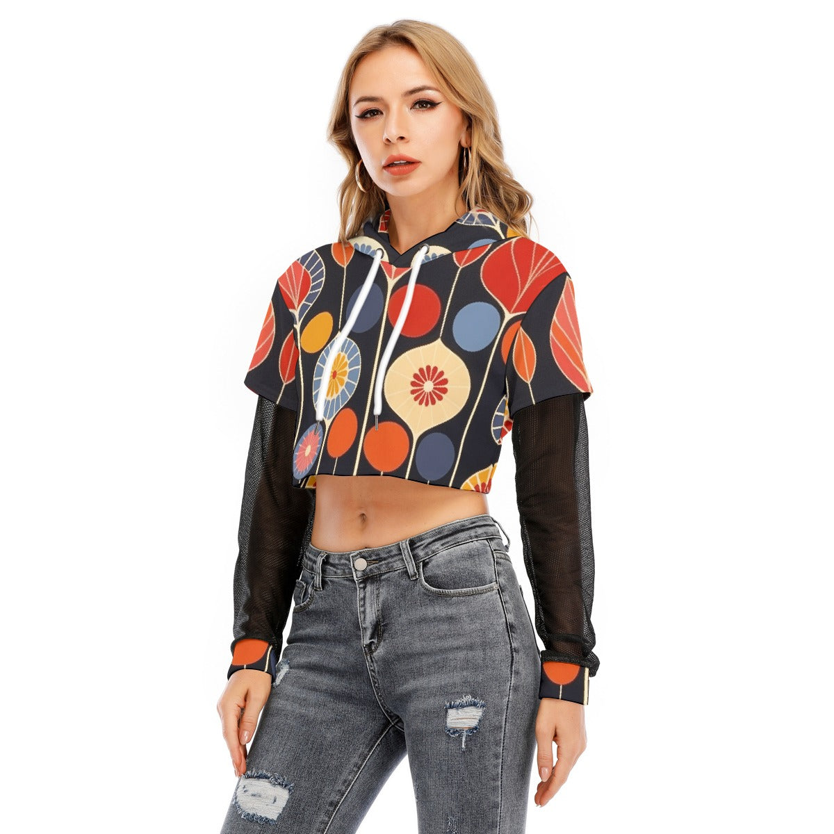 All-Over Print Women's Fake Two-piece Mesh Sleeve Cropped Hoodie