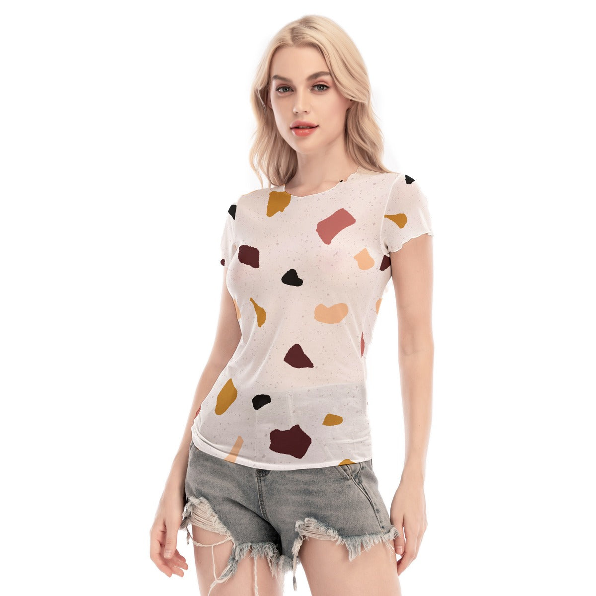 All-Over Print Women's Short Sleeve Mesh Blouse