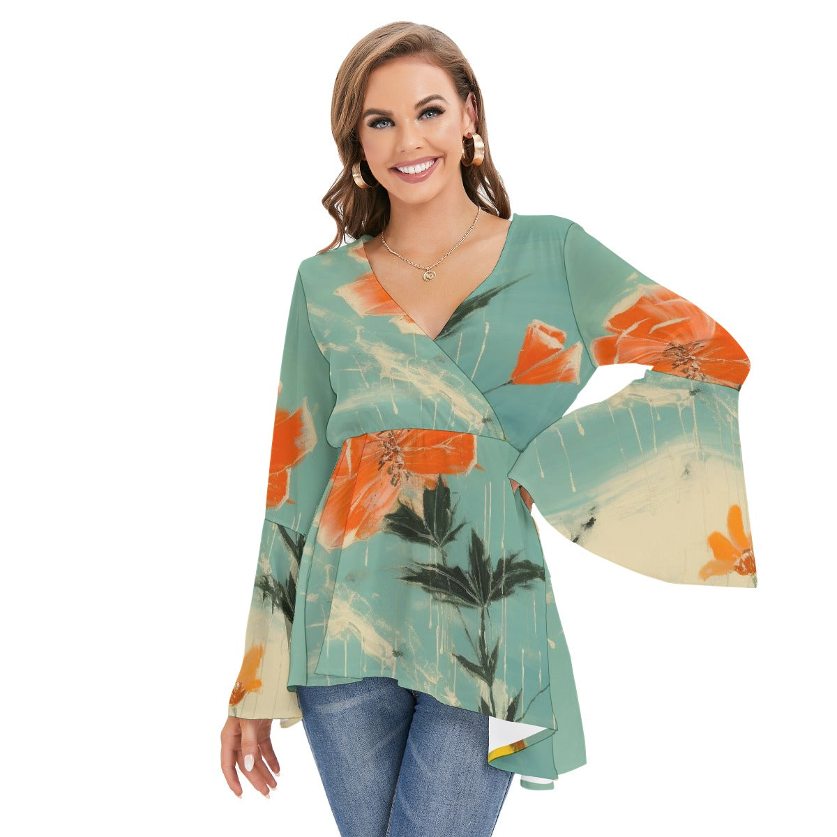 All-Over Print Women's V-neck Blouse With Flared Sleeves