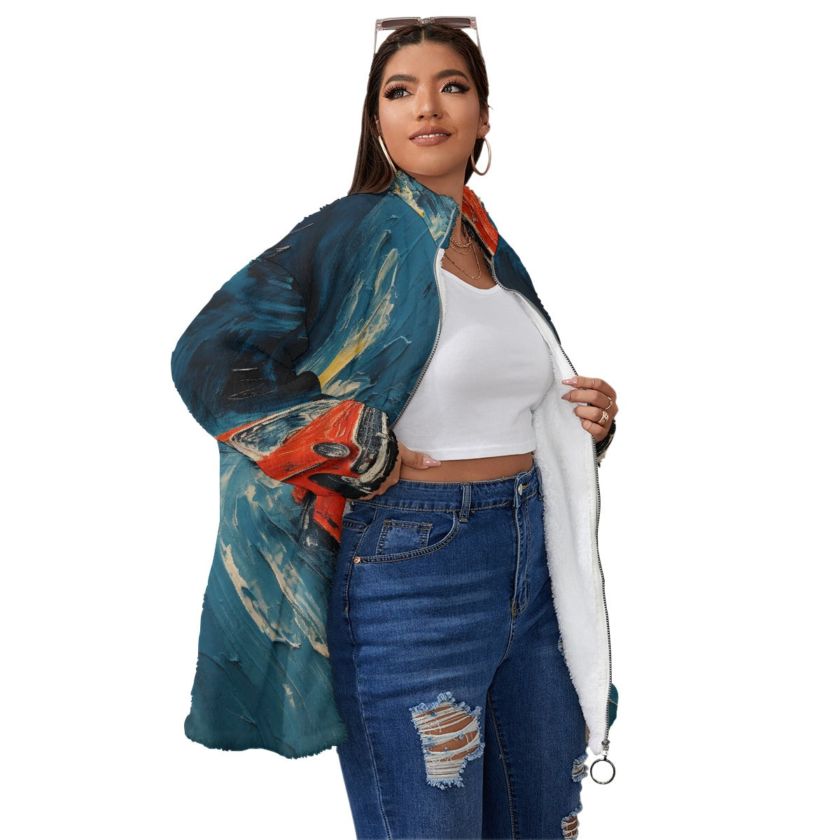 All-Over Print Unisex Borg Fleece Stand-up Collar Coat With Zipper Closure(Plus Size)