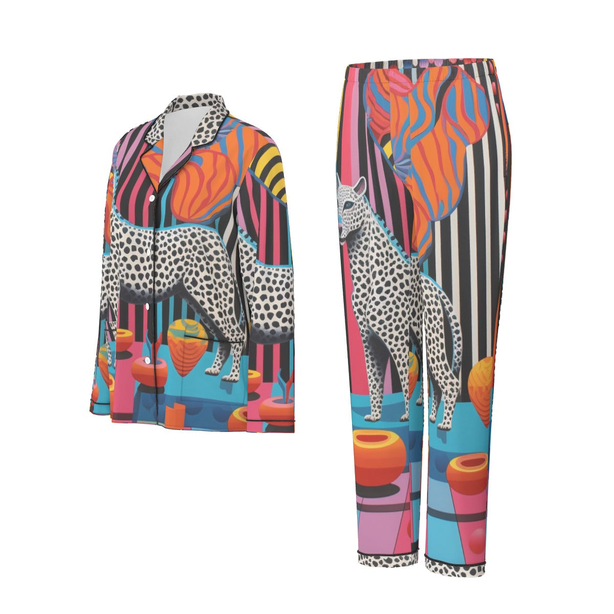 All-Over Print Women's Long Sleeve Pajama Set With Black Contrast Piping