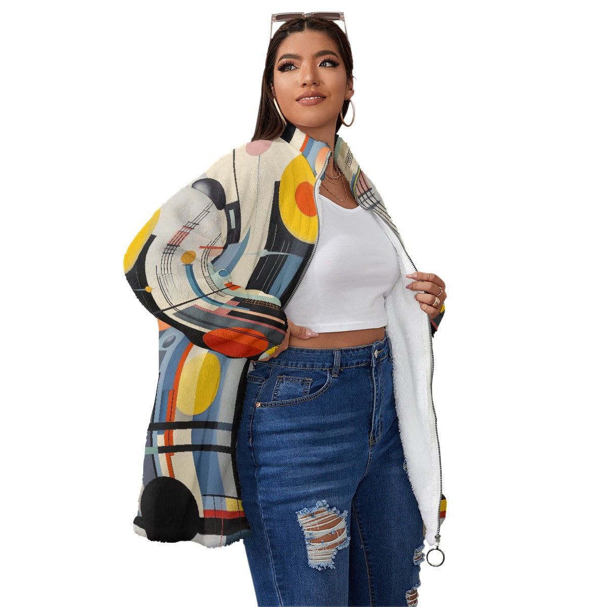 All-Over Print Unisex Borg Fleece Stand-up Collar Coat With Zipper Closure(Plus Size)