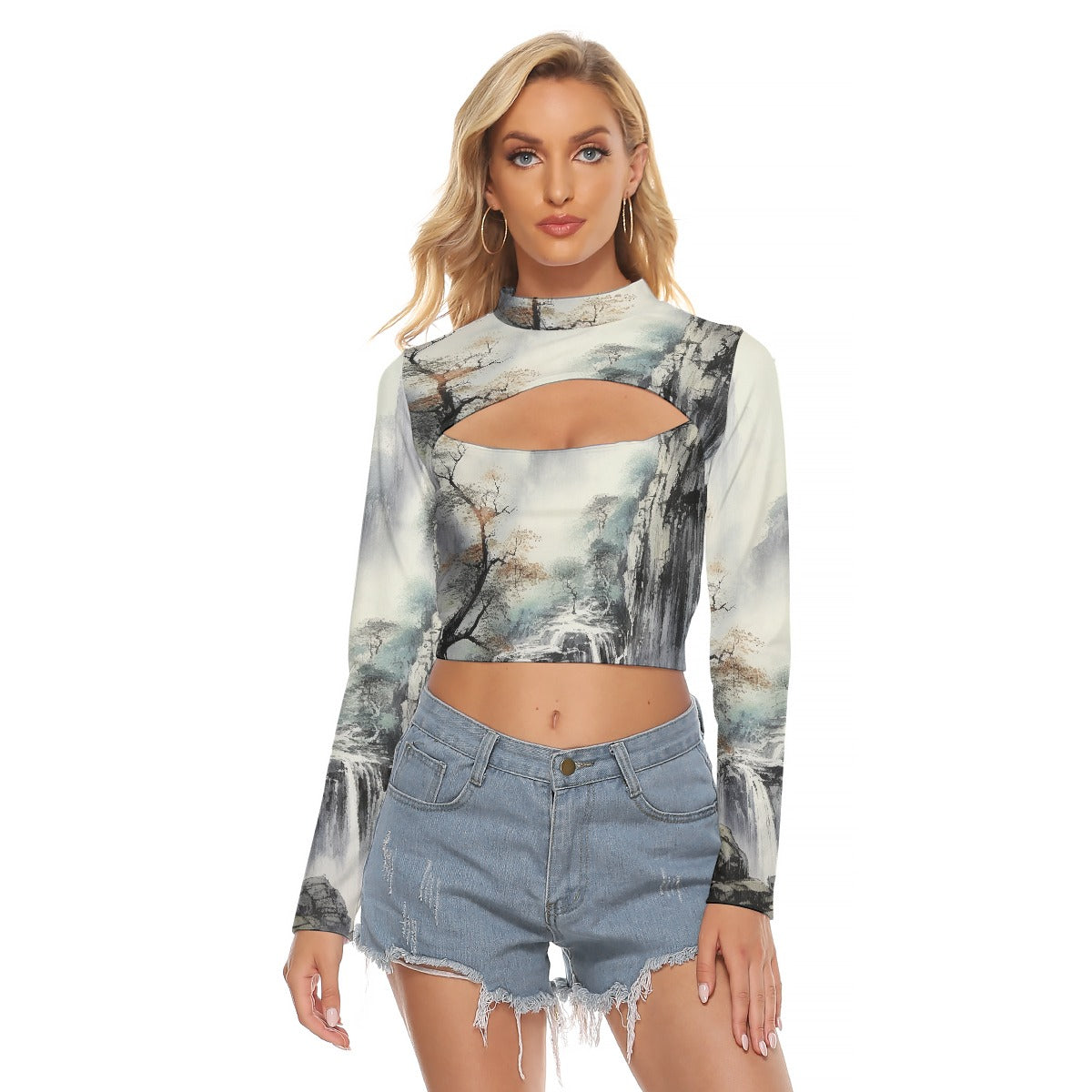 All-Over Print Women's Hollow Chest Keyhole Tight Crop Top
