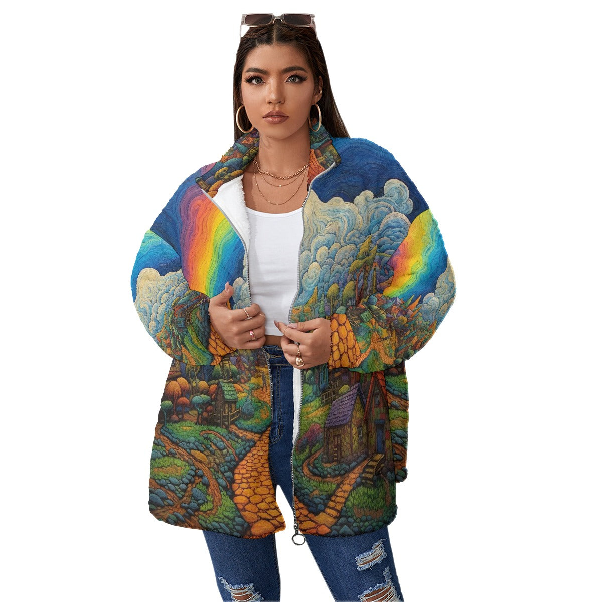 All-Over Print Unisex Borg Fleece Stand-up Collar Coat With Zipper Closure(Plus Size)