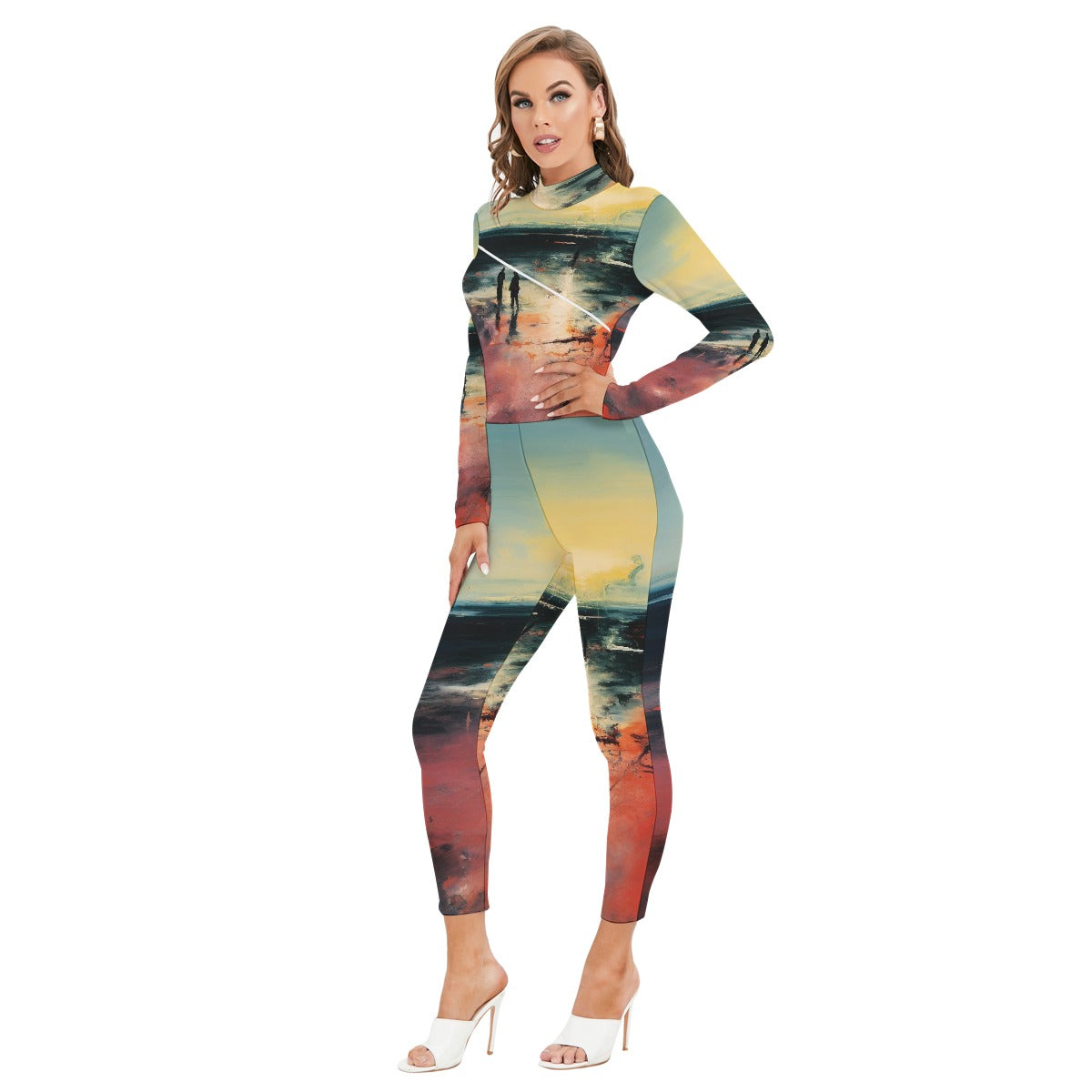 All-Over Print Women's Long-sleeved High-neck Jumpsuit With Zipper