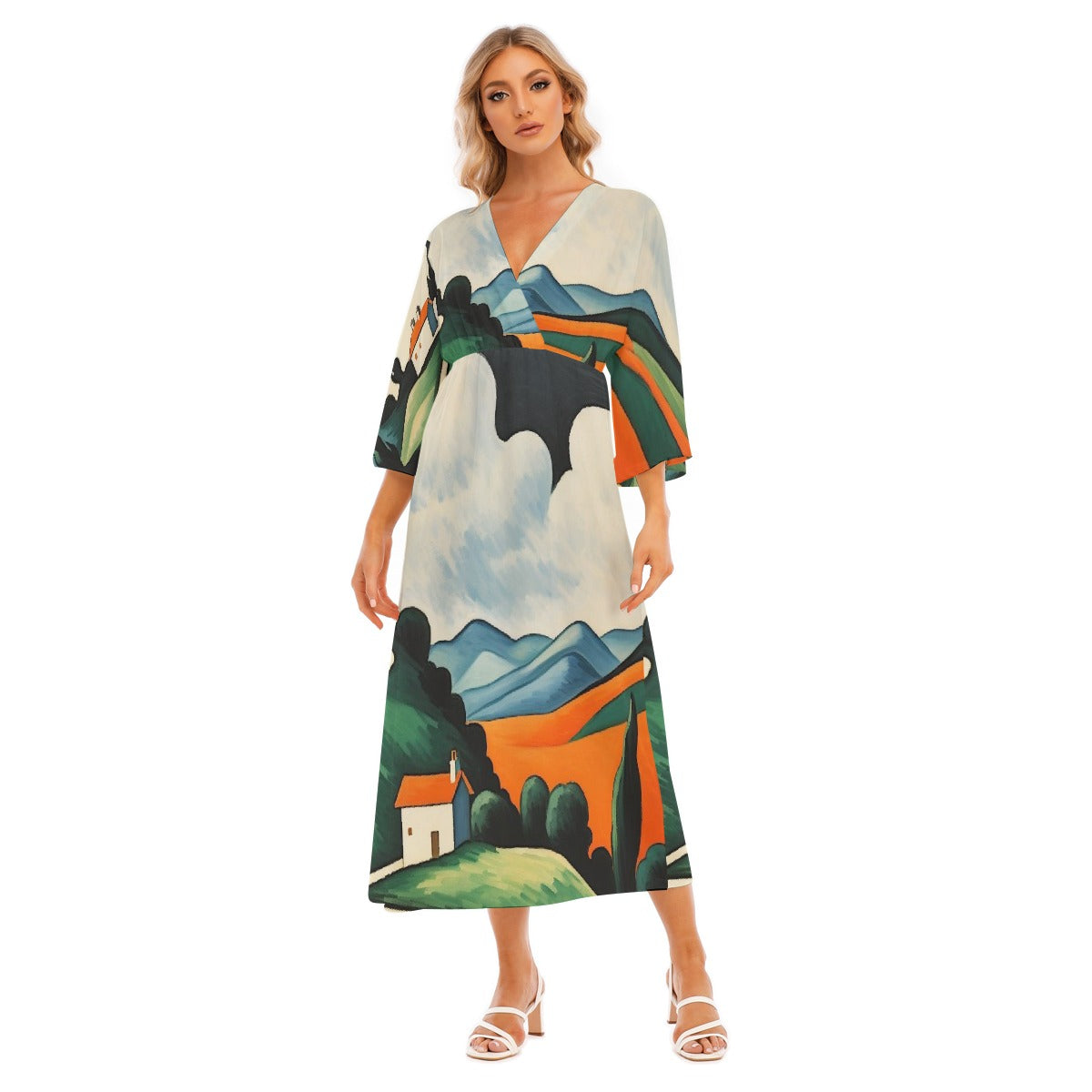 All-Over Print Women's Mid-Sleeve Long Dress