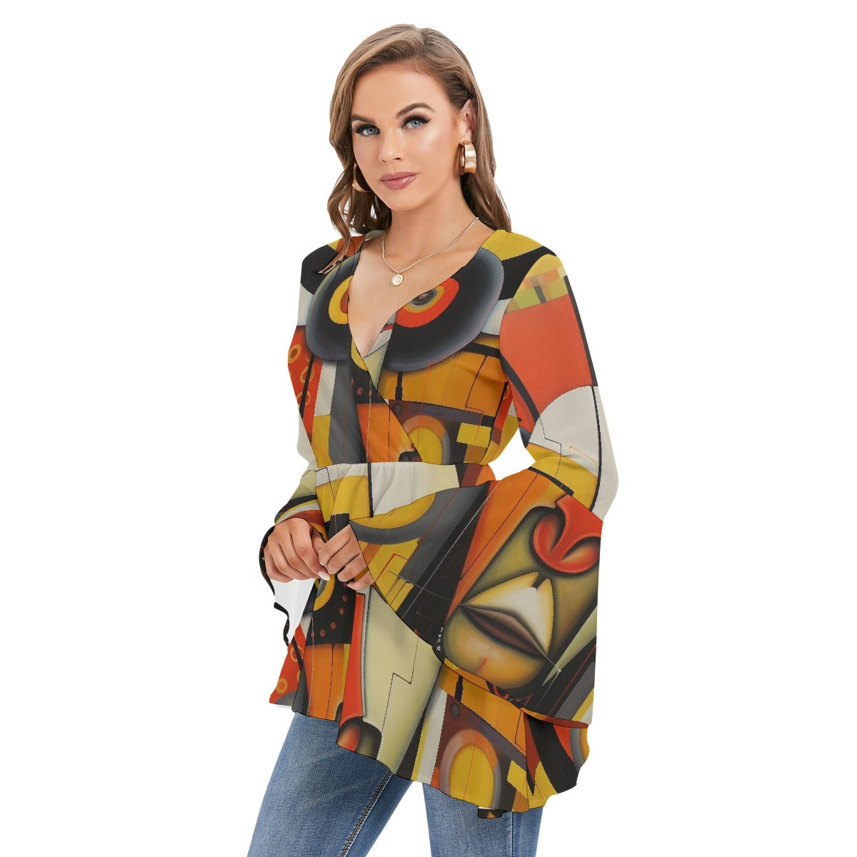 All-Over Print Women's V-neck Blouse With Flared Sleeves