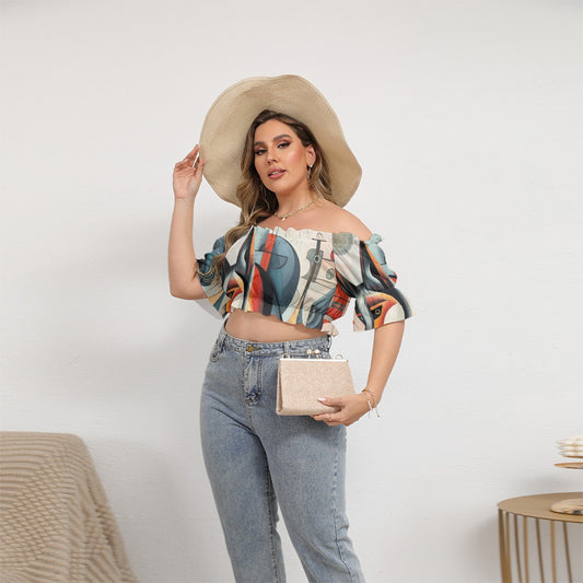 All-Over Print Women's Off-shoulder Cropped Top With Short Puff Sleeve