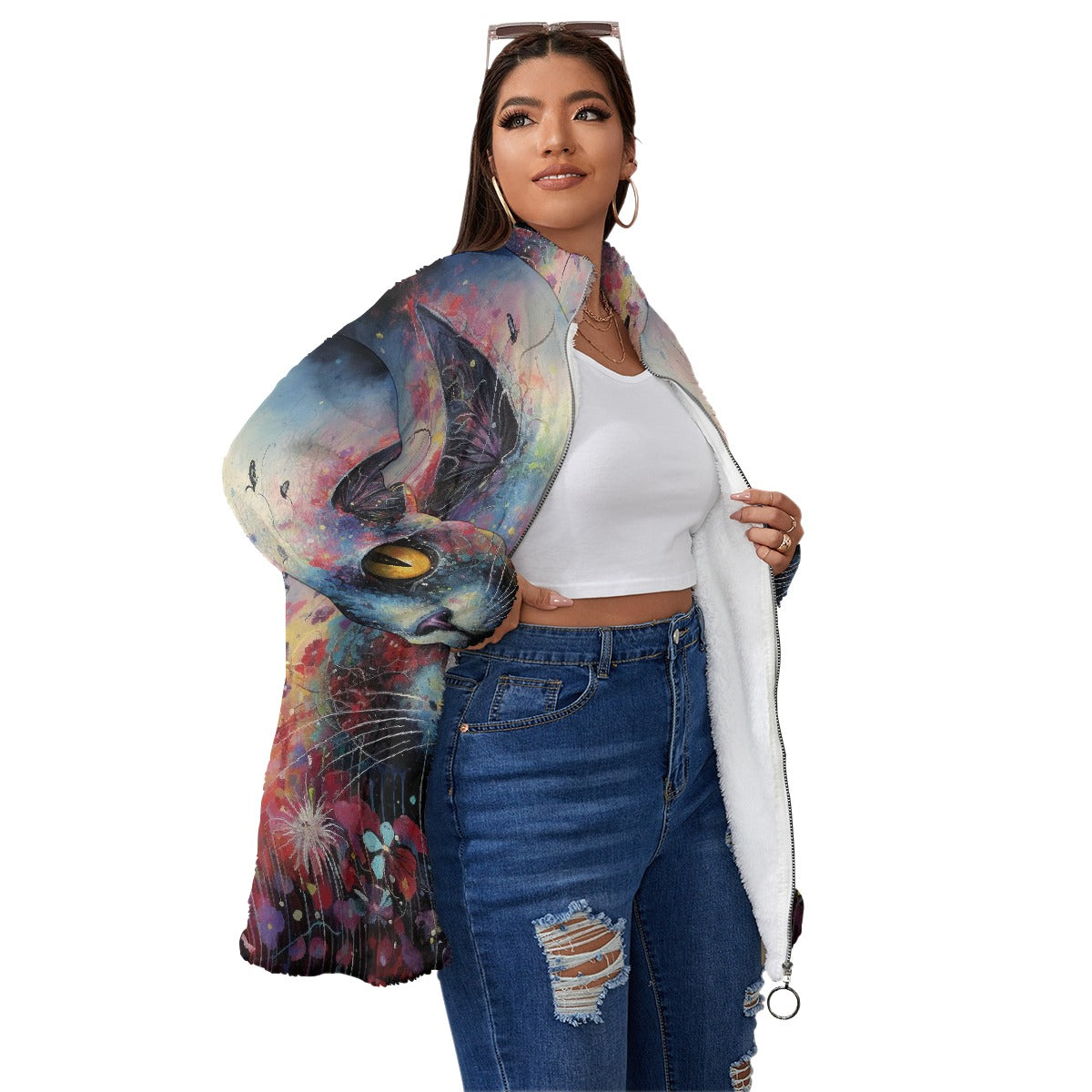 All-Over Print Unisex Borg Fleece Stand-up Collar Coat With Zipper Closure(Plus Size)