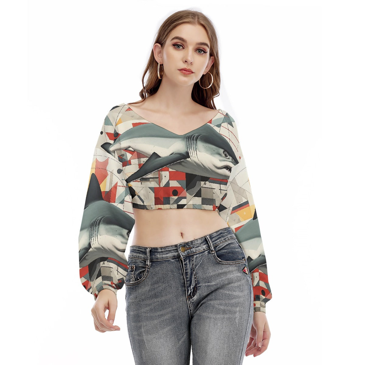 All-Over Print Women's V-neck Long Sleeve Cropped Sweatshirt