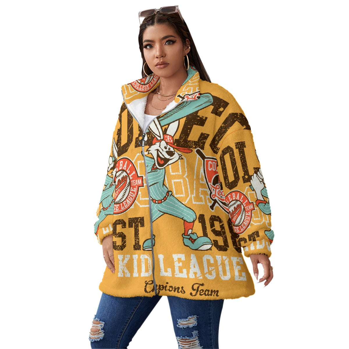 All-Over Print Unisex Borg Fleece Stand-up Collar Coat With Zipper Closure(Plus Size)
