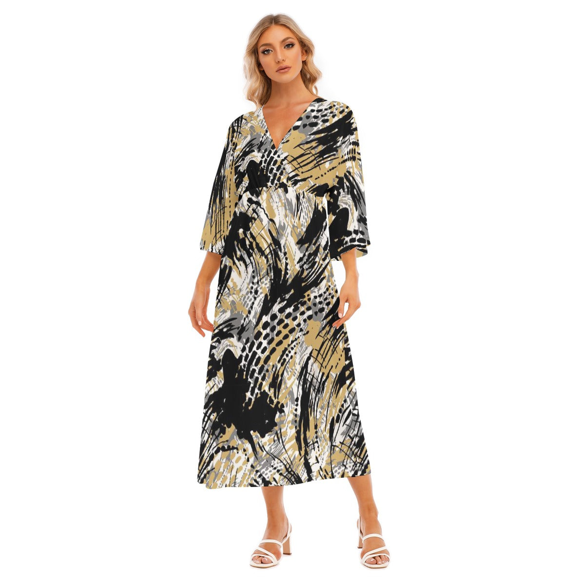 All-Over Print Women's Mid-Sleeve Long Dress