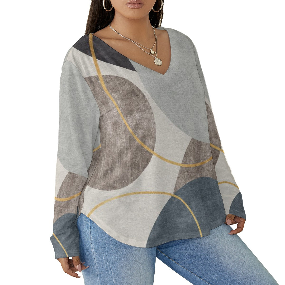 All-Over Print Women's V-neck T-shirt With Curved Hem(Plus Size)