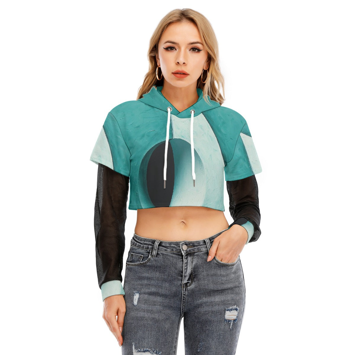 All-Over Print Women's Fake Two-piece Mesh Sleeve Cropped Hoodie