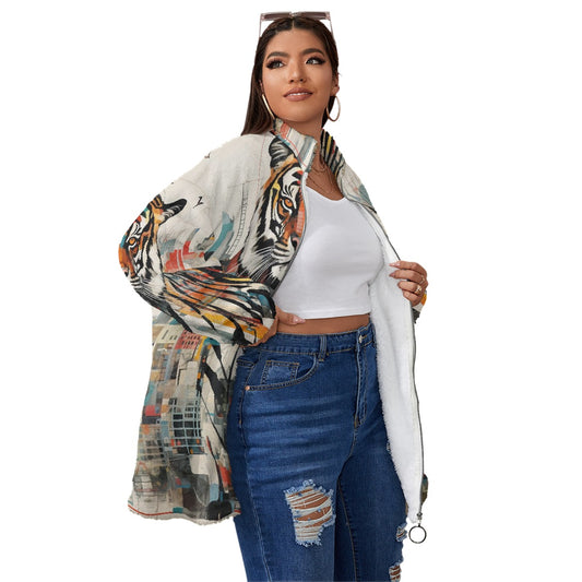 All-Over Print Unisex Borg Fleece Stand-up Collar Coat With Zipper Closure(Plus Size)