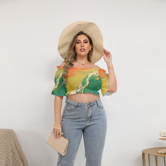 All-Over Print Women's Off-shoulder Cropped Top With Short Puff Sleeve