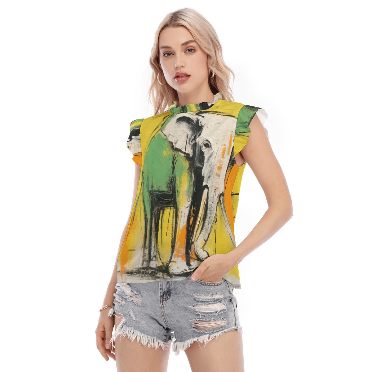 All-Over Print Women's Blouse With Ruffle Collar And Sleeve