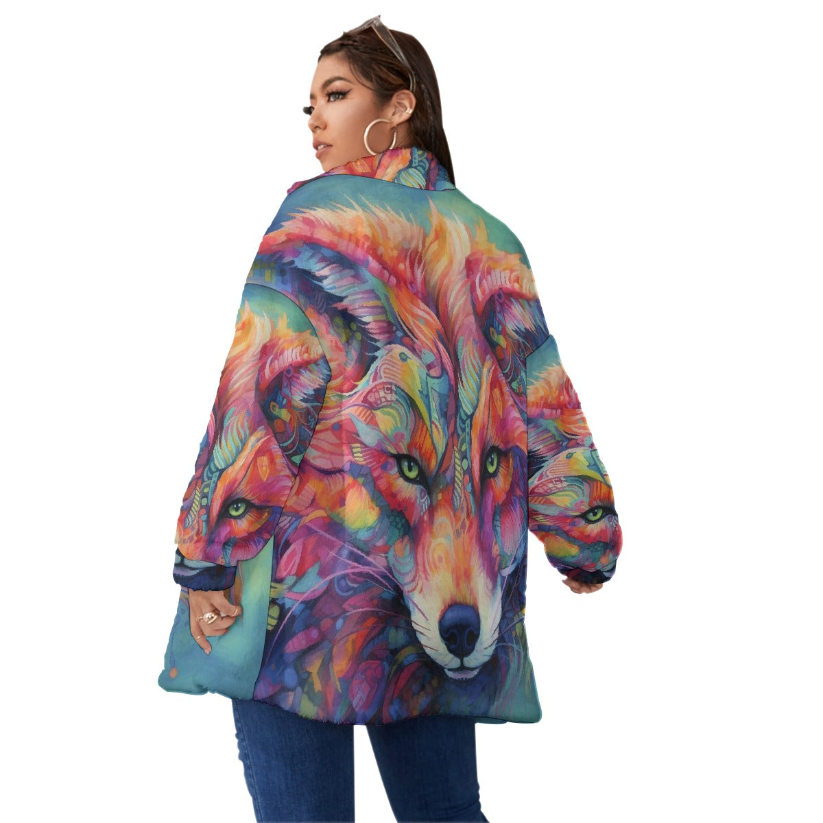 All-Over Print Unisex Borg Fleece Stand-up Collar Coat With Zipper Closure(Plus Size)