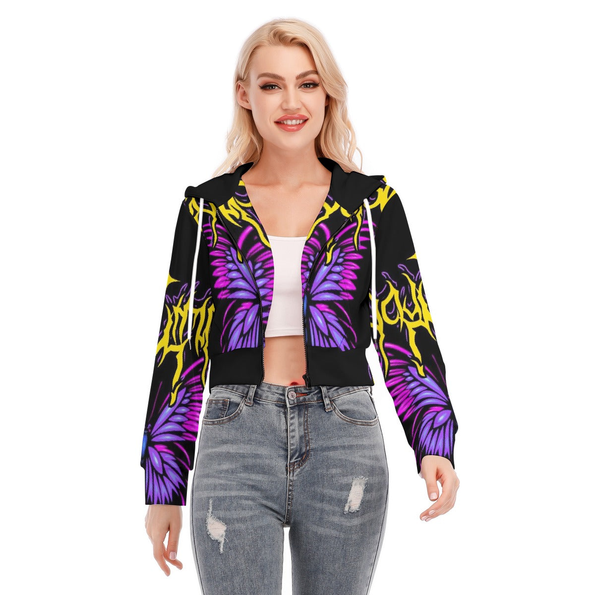 All-Over Print Women's Crop Top Hoodie With Zipper Closure