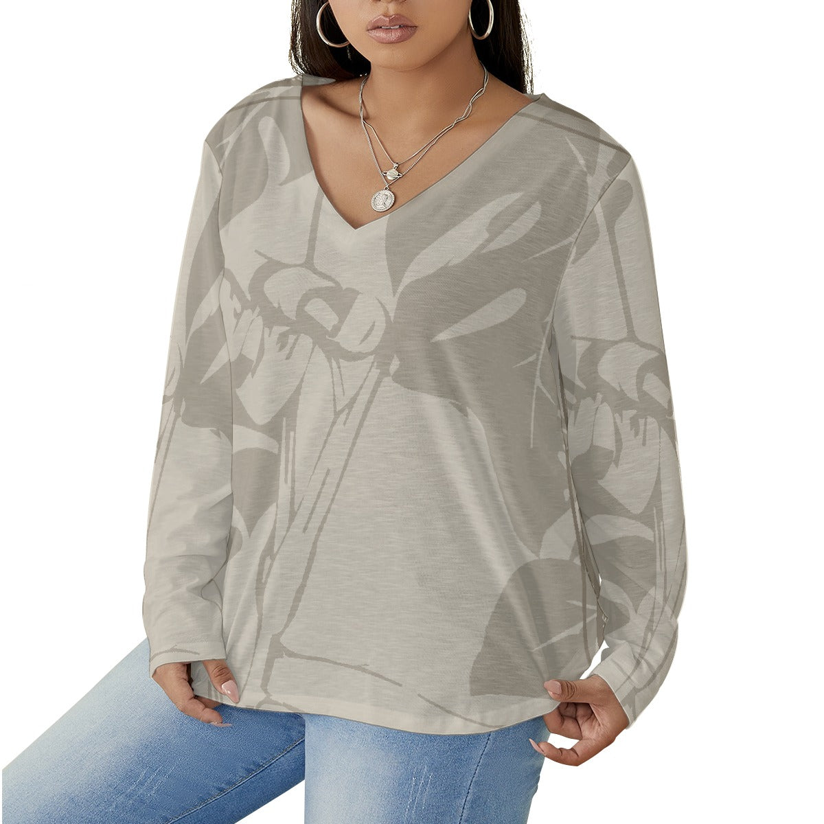 All-Over Print Women's V-neck T-shirt With Curved Hem(Plus Size)