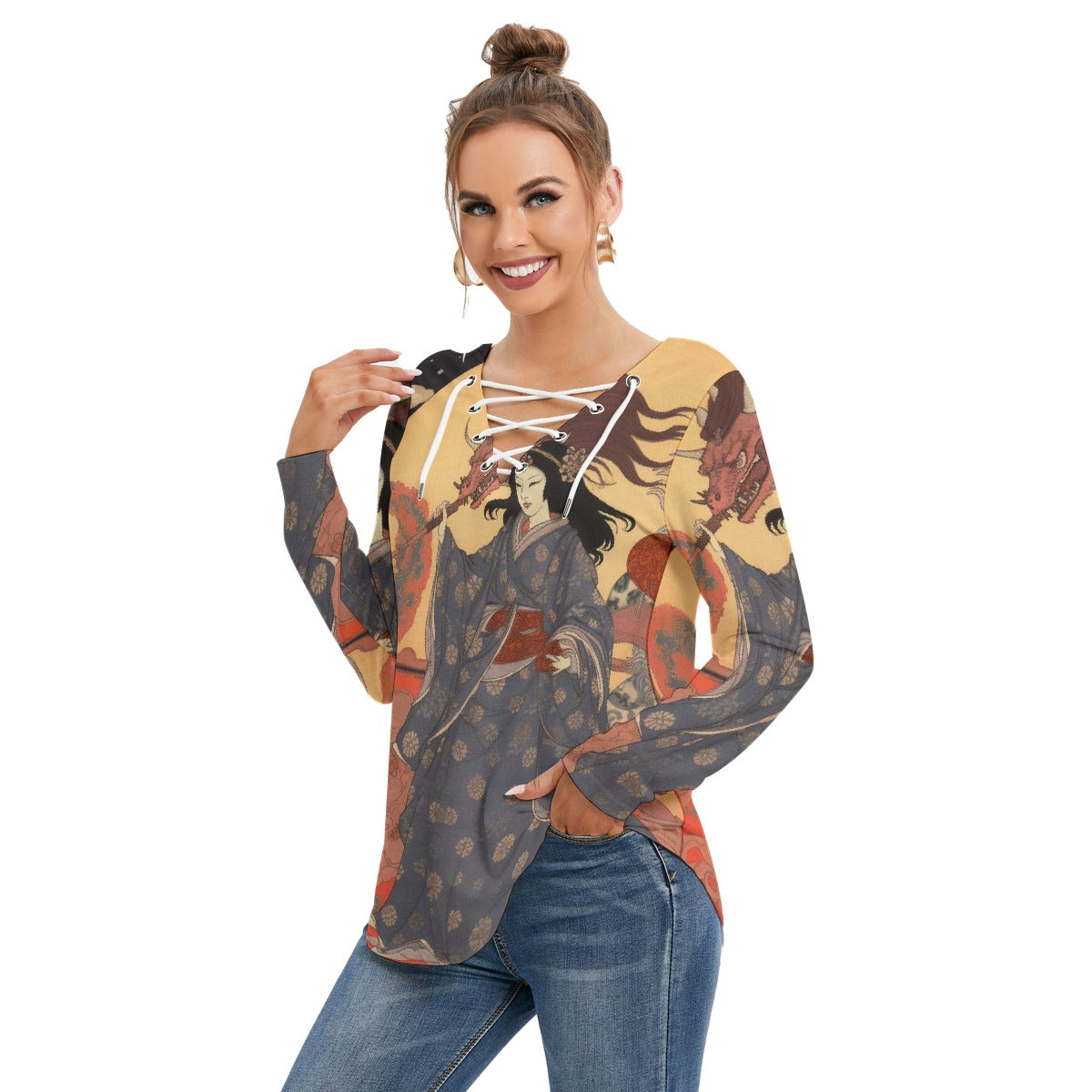All-Over Print Women's Long Sleeve Neckline Tie Sweatshirt