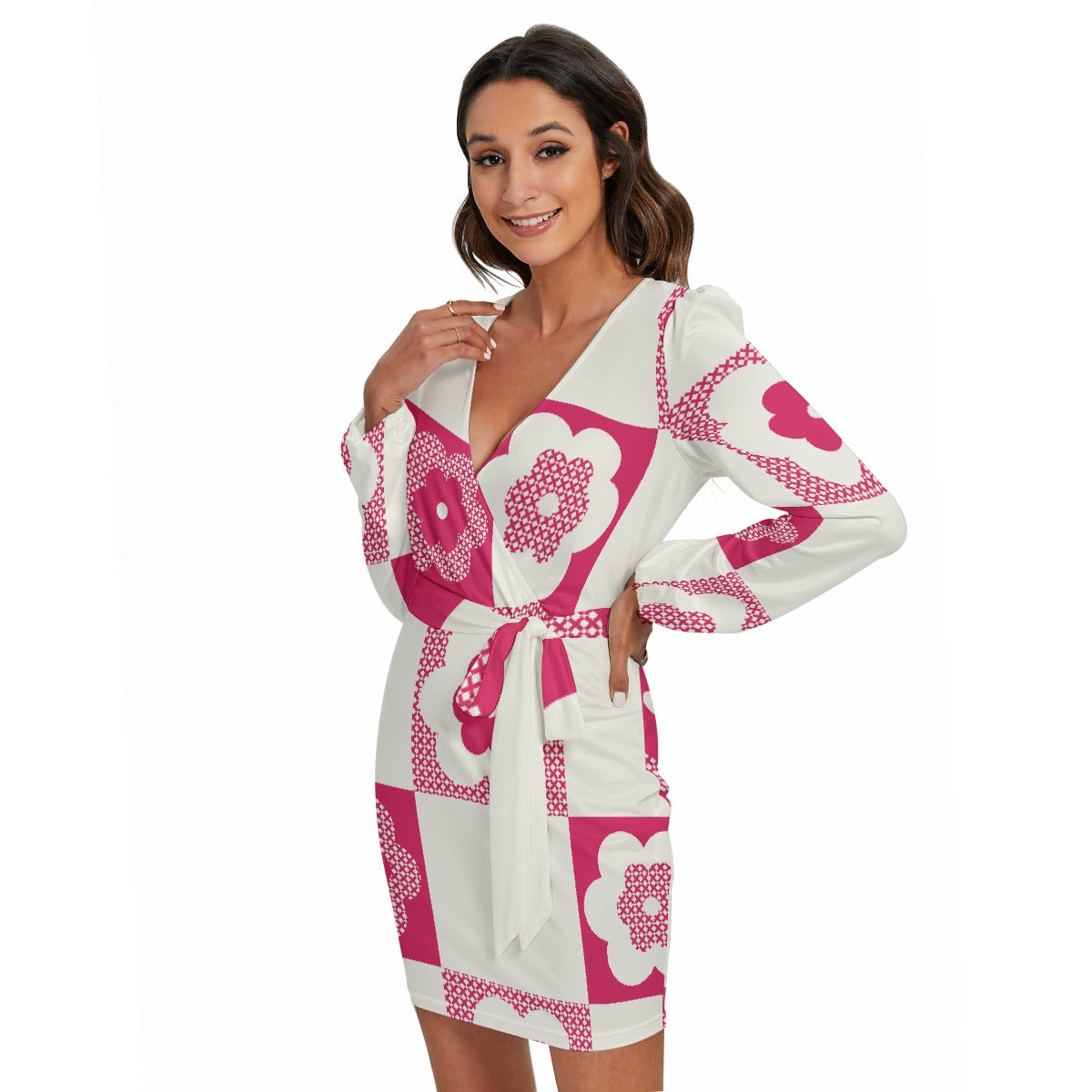 All-Over Print Women's Long Sleeve Dress With Waist Belt