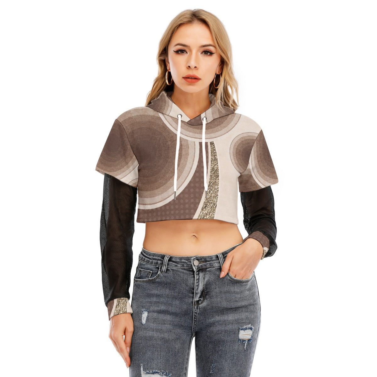All-Over Print Women's Fake Two-piece Mesh Sleeve Cropped Hoodie