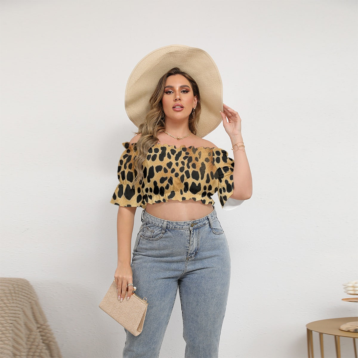 All-Over Print Women's Off-shoulder Cropped Top With Short Puff Sleeve