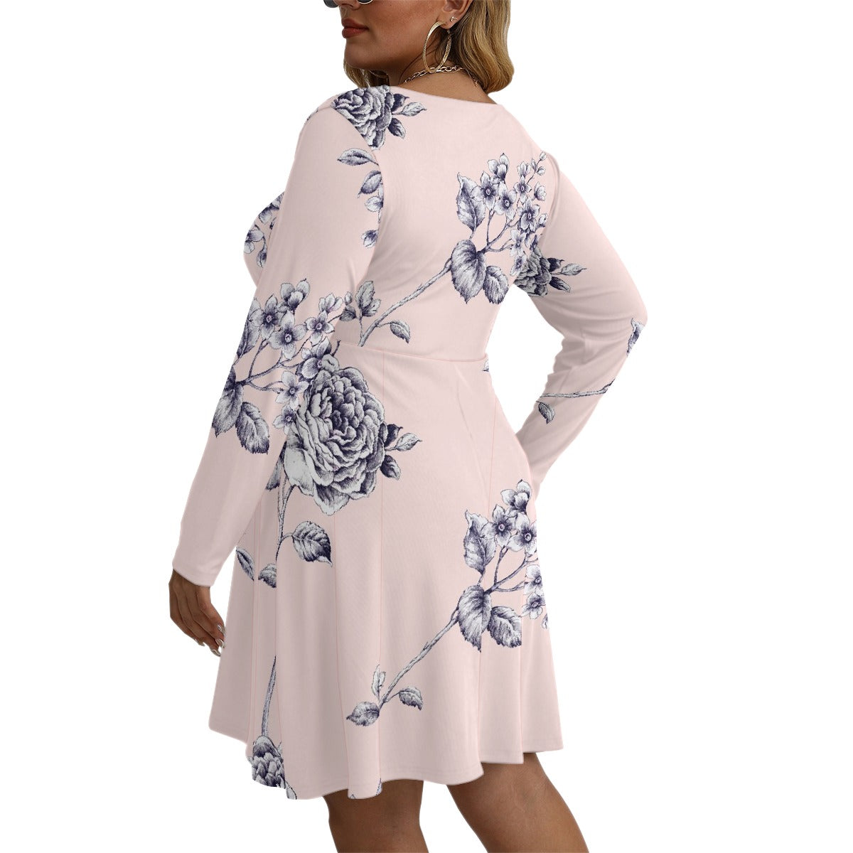 All-Over Print Women's V-neck Long Sleeve Dress(Plus Size)