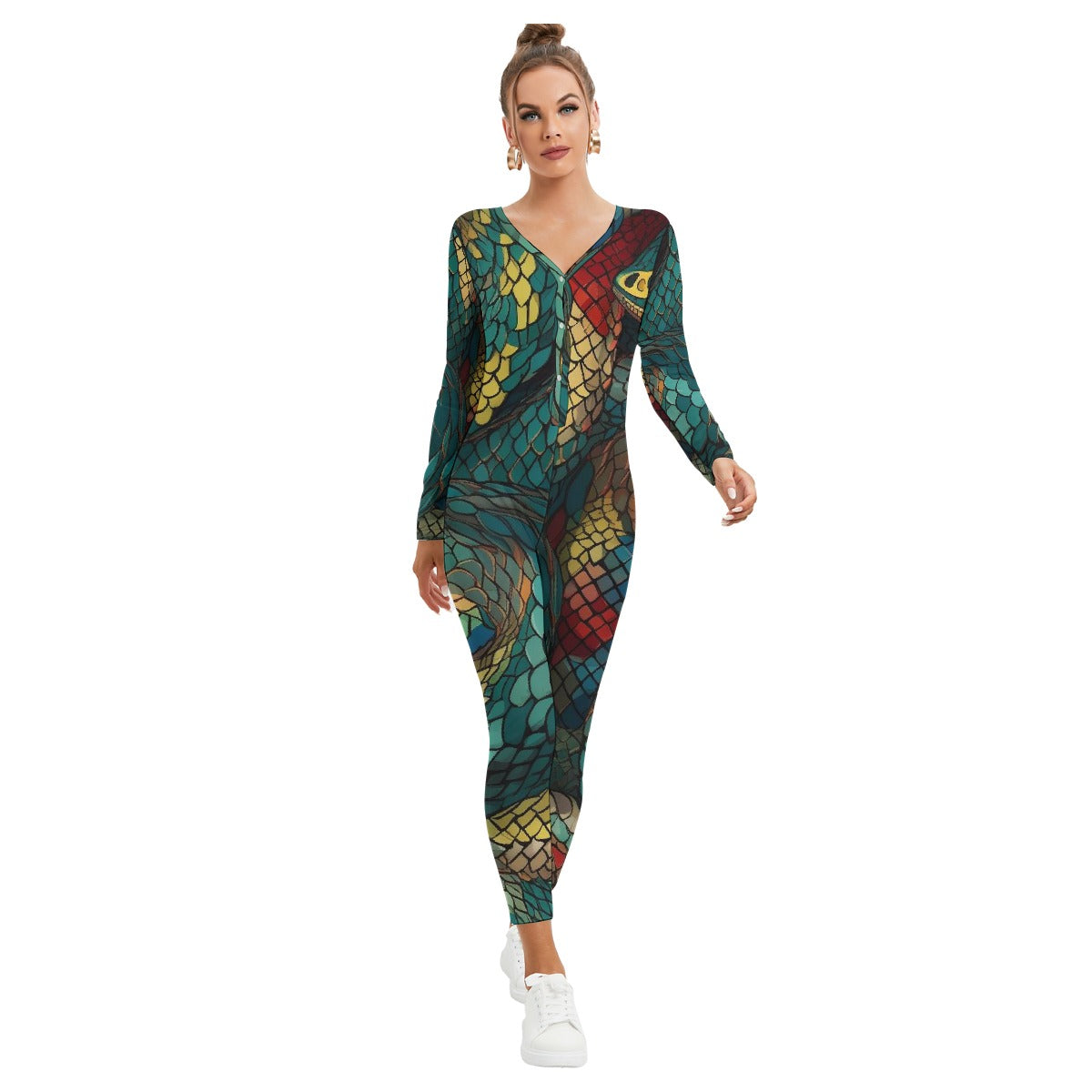All-Over Print Women's Plunging Neck Jumpsuit