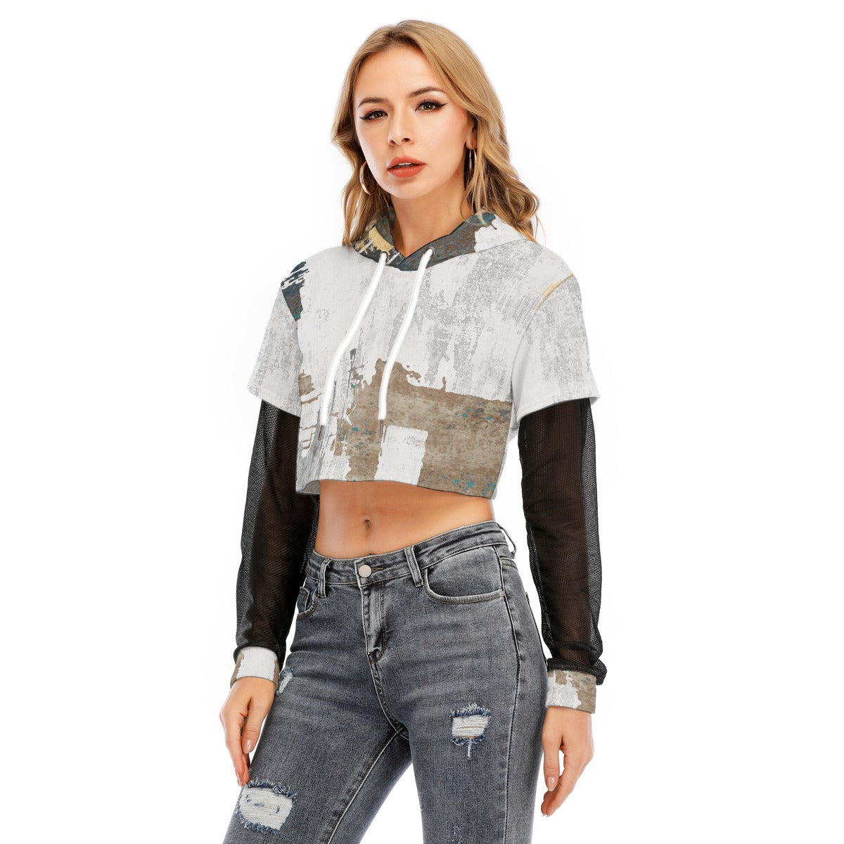 All-Over Print Women's Fake Two-piece Mesh Sleeve Cropped Hoodie