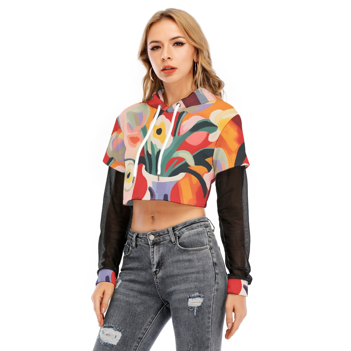 All-Over Print Women's Fake Two-piece Mesh Sleeve Cropped Hoodie