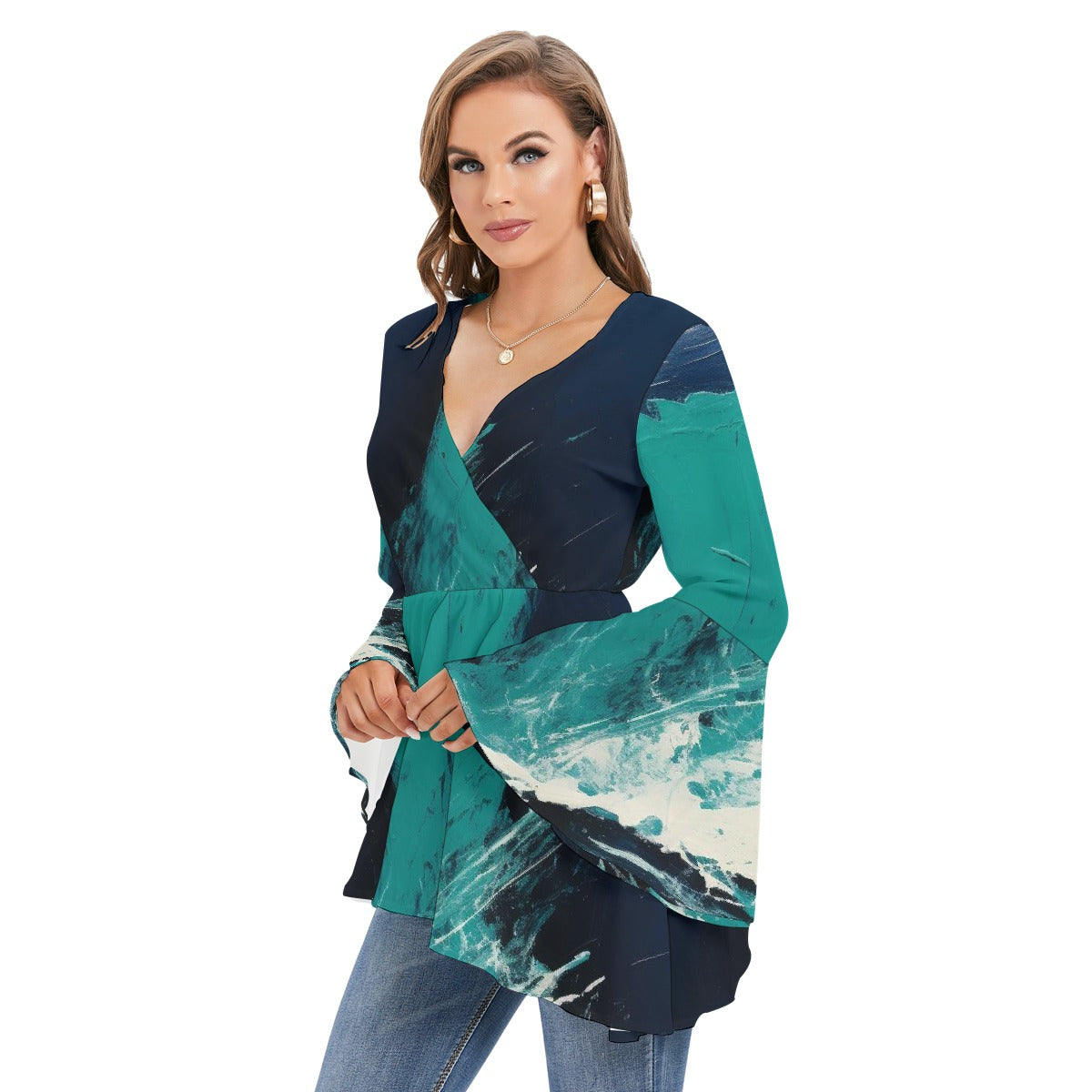 All-Over Print Women's V-neck Blouse With Flared Sleeves
