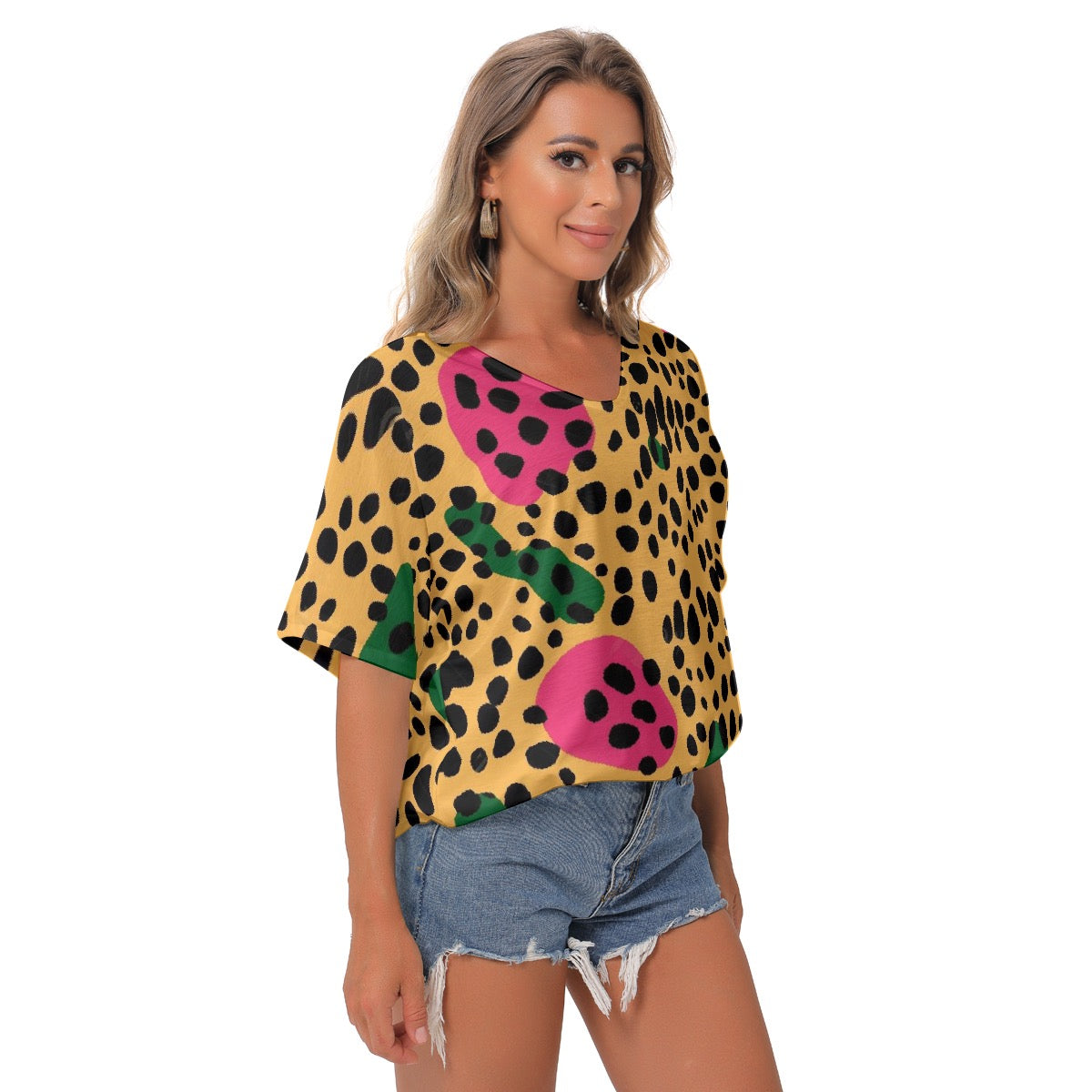 All-Over Print Women's Bat Sleeves V-Neck Blouse