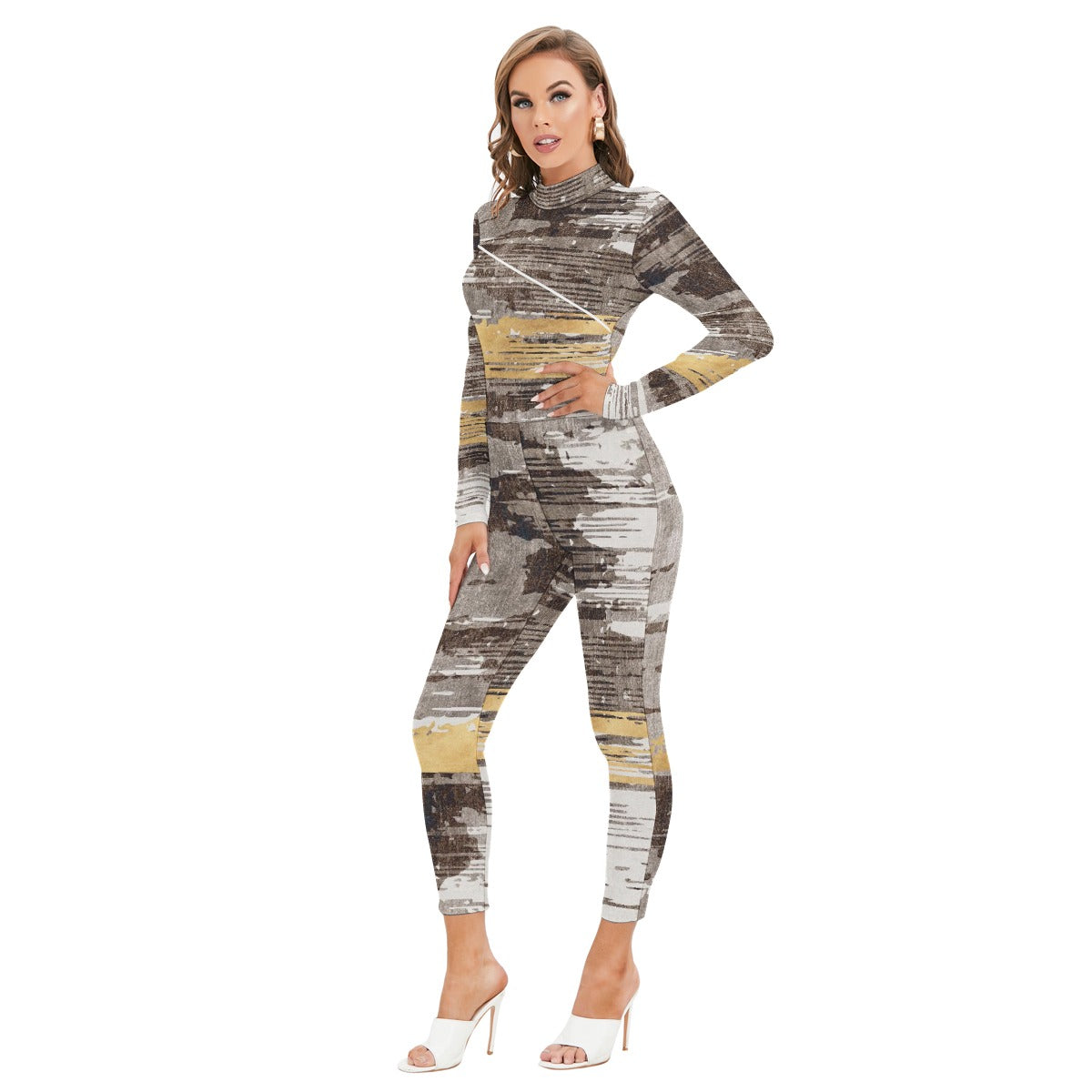 All-Over Print Women's Long-sleeved High-neck Jumpsuit With Zipper