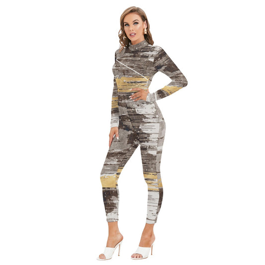 All-Over Print Women's Long-sleeved High-neck Jumpsuit With Zipper