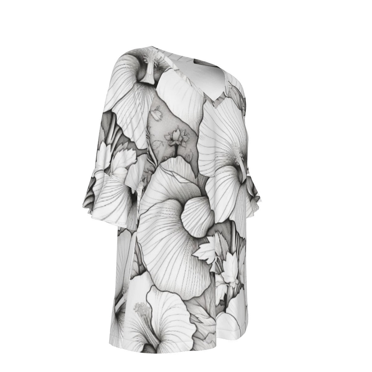 All-Over Print V-neck Women's T-shirt With Bell Sleeve