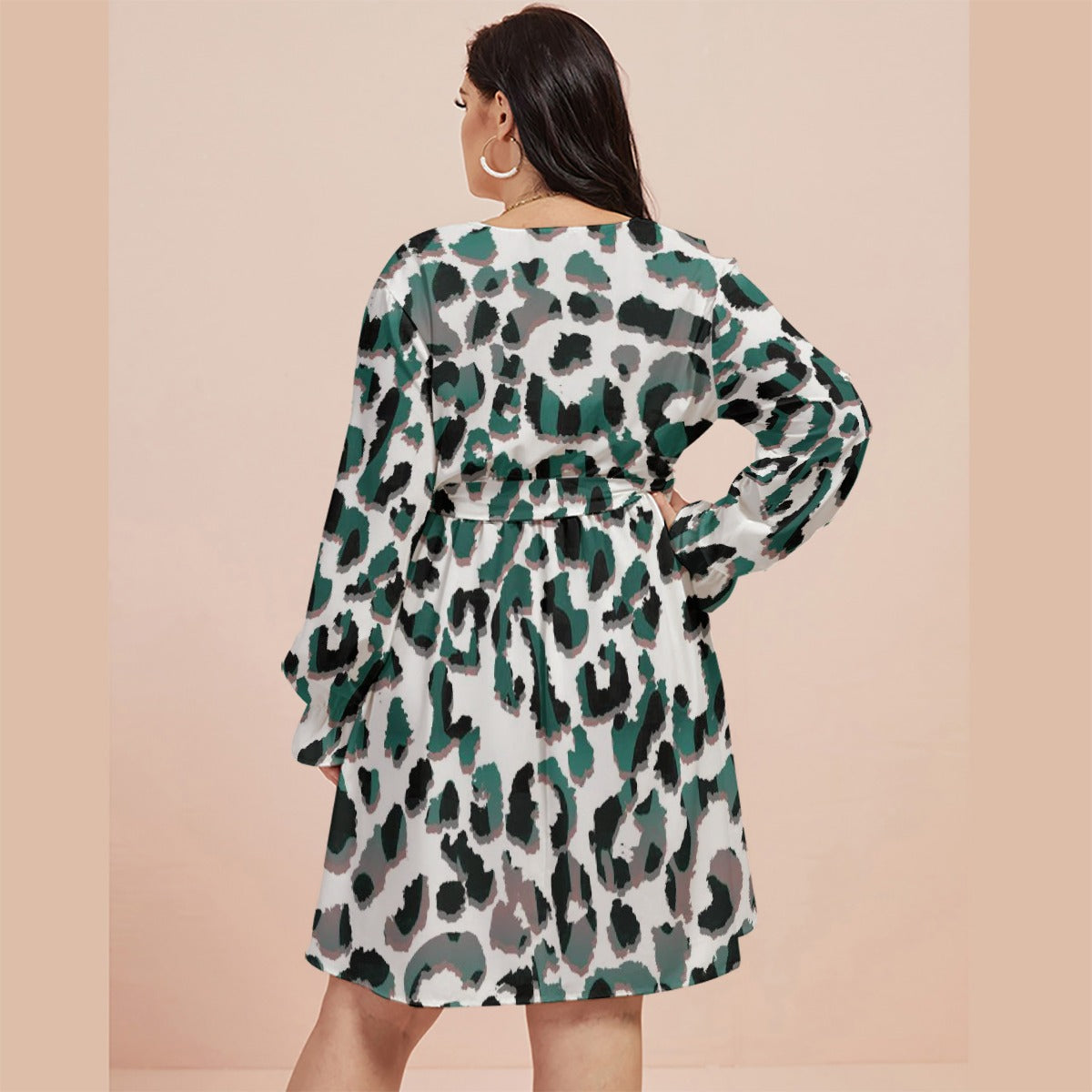 All-Over Print Women's V-neck Dress With Waistband(Plus Size)