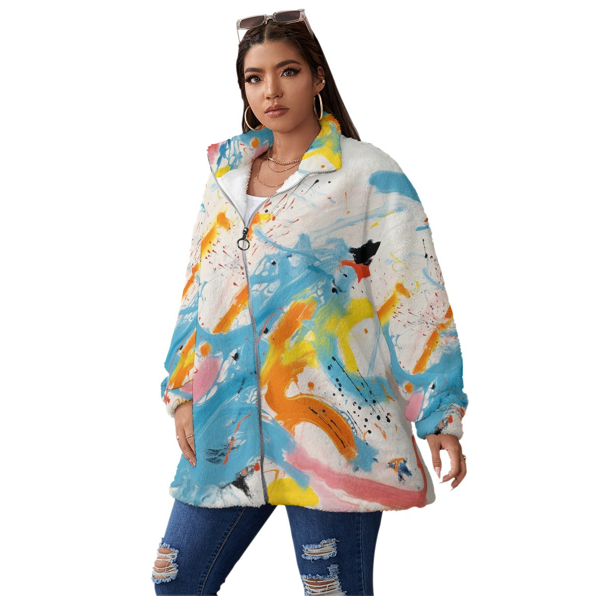 All-Over Print Unisex Borg Fleece Stand-up Collar Coat With Zipper Closure(Plus Size)