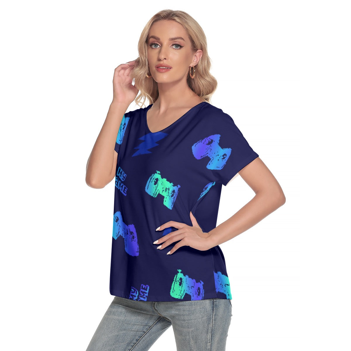 All-Over Print Women's Loose V-neck Short Sleeve T-shirt