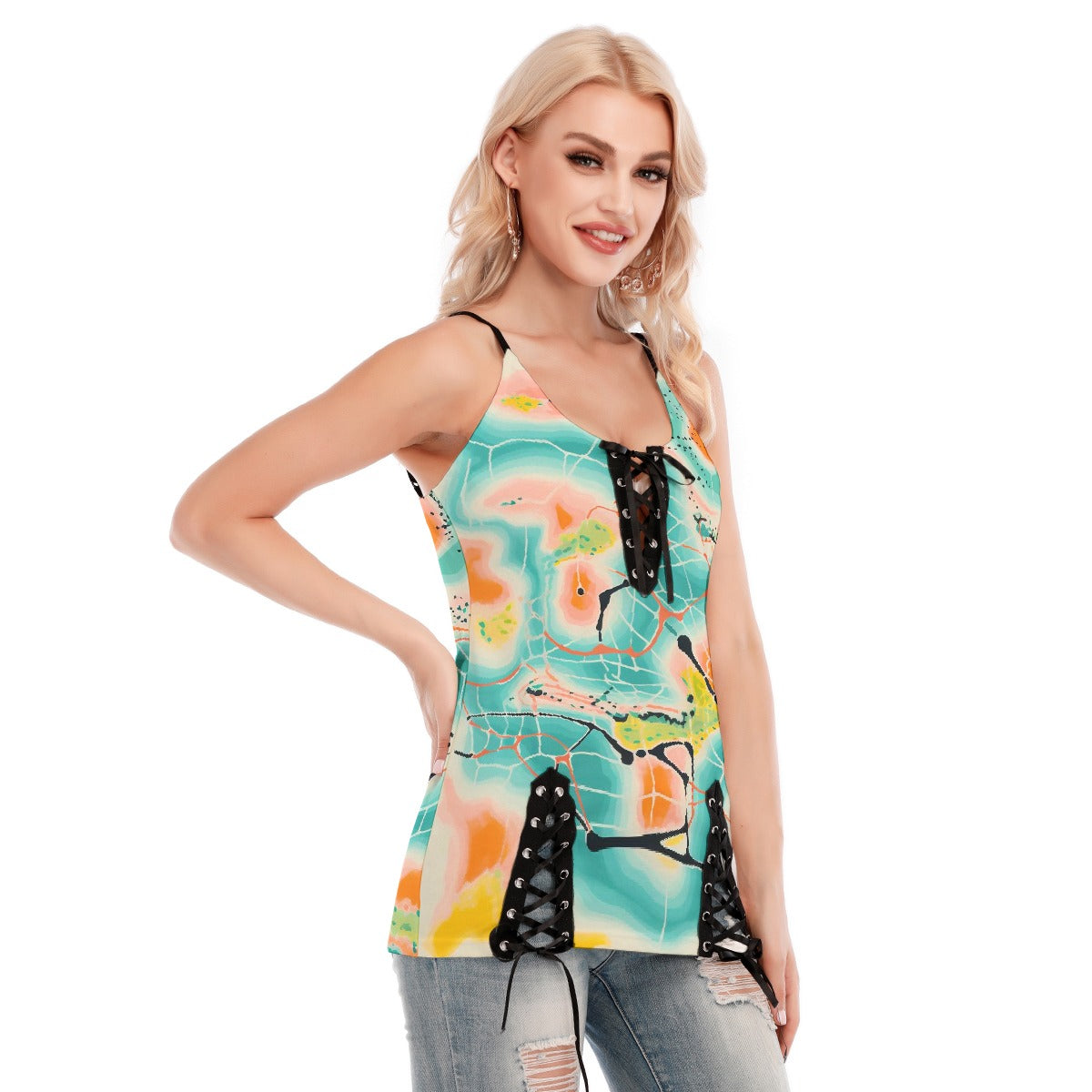 All-Over Print Women's V-neck Eyelet Lace-up Cami Dress