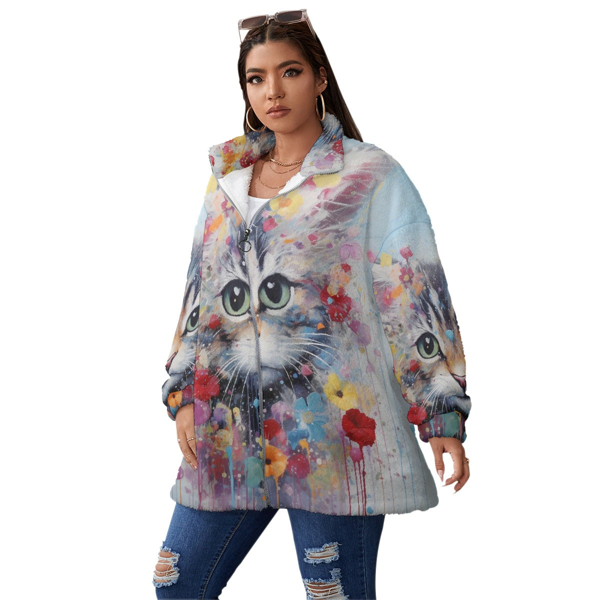 All-Over Print Unisex Borg Fleece Stand-up Collar Coat With Zipper Closure(Plus Size)