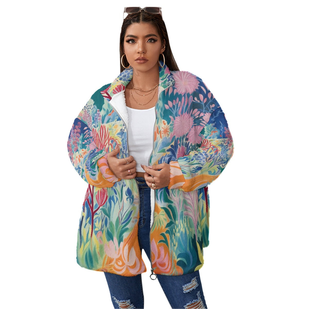 All-Over Print Unisex Borg Fleece Stand-up Collar Coat With Zipper Closure(Plus Size)